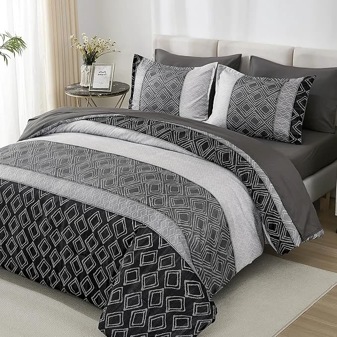 Genuine Dinjoy Black Gray King Size Comforter Set Warm Boho Bed in a Bag King 7 Pieces Fall Striped Bedding Mens Comforters Sets Patchwork Bed Sets Complete Decor for Women Winter World-Class