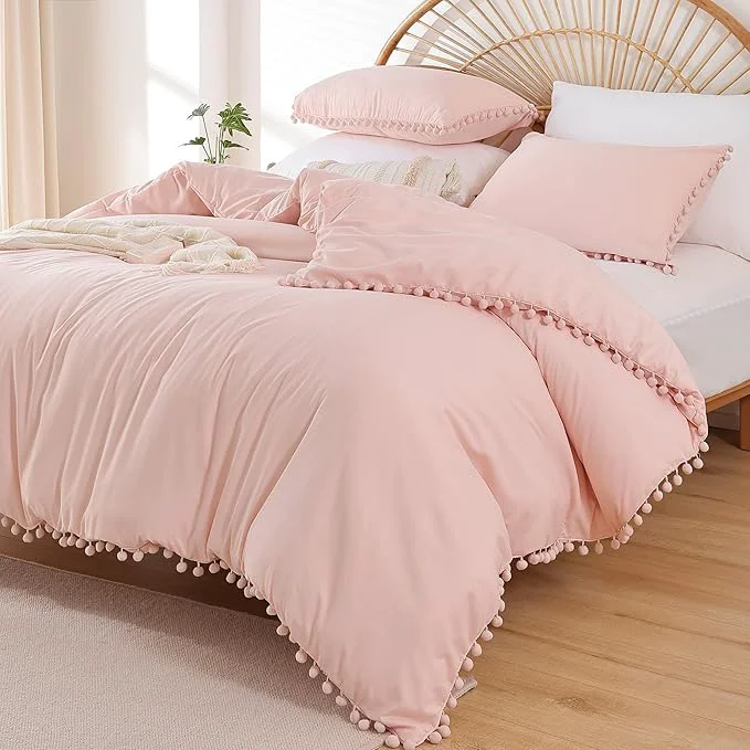 Traditional YIRDDEO Queen Comforter Set – Comforter Queen Size Sets with Ball Pom Fringe Soft Bedding Set for All Seasons – 3 Pieces 1 Comforter 90 quot x90 quot amp 2 Pillow Shams 20 quot x26 quot Blush Prestigious