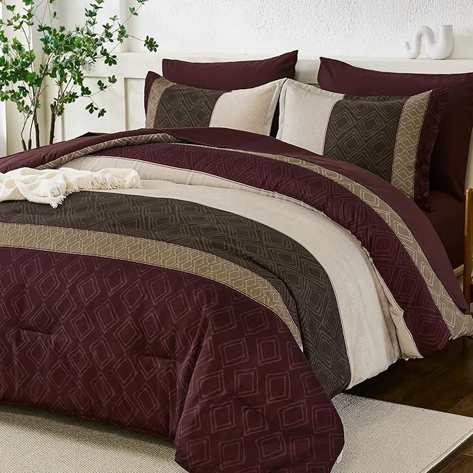 Advanced Dinjoy Boho Queen Comforter Set Burgundy 7 Piece Bed in a Bag Queen Size Warm Striped Dark Red Bedding Sets Plaid Fall Comforters Set with Sheets for Family All Season Effective