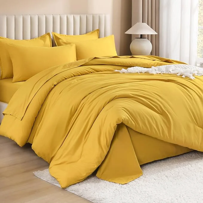 Premium Material Litanika Comforter California King Size Set Mustard Yellow – 7 Pieces Bed in a Bag California King Bedding Comforter Sets Plain Lightweight Bed Set with Comforter Sheets Pillowcases amp Shams Clean