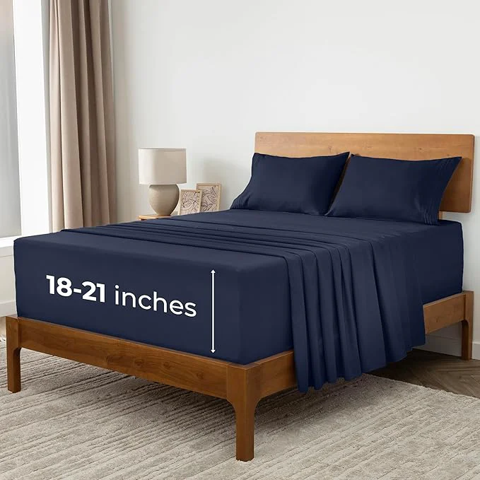 Unique Mellanni Extra Deep California King Sheets – 4 PC Iconic Collection Bedding – Hotel Luxury Ultra Soft Cooling Bed Sheets – Wrinkle Fade Stain Resistant Cal King Navy Blue Pure