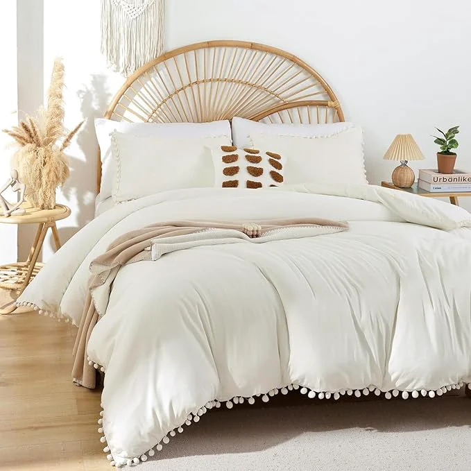 Healthy YIRDDEO King Size Comforter Set in Ivory 3pcs Boho Ball Pom Lightweight Bed Comforter Soft Solid Color Bedding Comforter Sets for All Seasons Ivory King 104 quot x90 quot Responsible