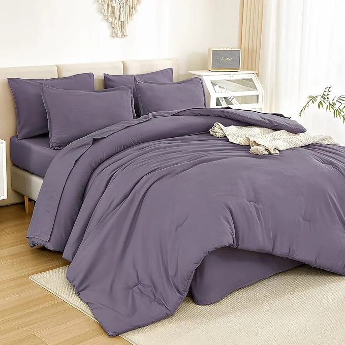 Fine Crafted Litanika Full Size Comforter Sets Grey Purple – 7 Pieces Bed in a Bag Full Bedding Comforter Sets Solid Lightweight Bed Set with Comforter Sheets Pillowcases amp Shams Convenient