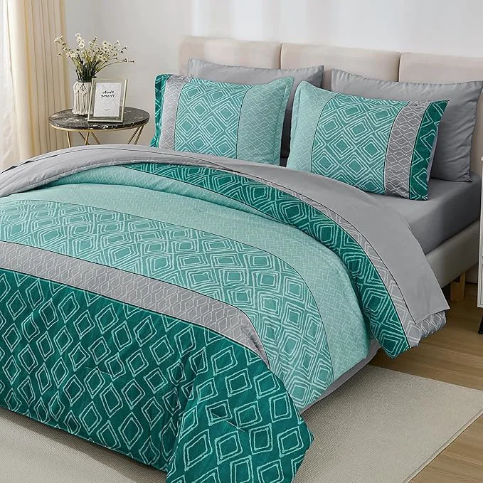 Refined Dinjoy Teal Green King Size Comforter Set Striped Boho Bed in a Bag King 7 Pieces Soft Bedding Comforters Sets with Sheet Beds Warm Microfiber Complete Set for All Season Modern