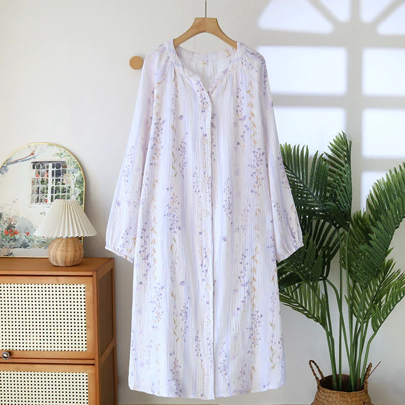 High-Grade Ownkoti Purple Floral Cotton Gauze Button Nightdress Genuine