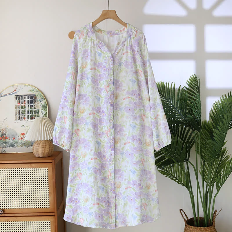 Convenient Ownkoti Floral Butterfly Cotton Button Nightdress High-End