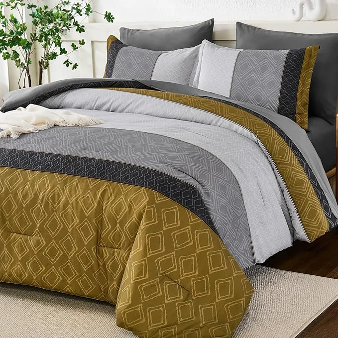Relaxed Dinjoy Gray Yellow King Size Comforter Set Striped Boho Bed in a Bag King 7 Pieces Soft Fall Bedding Comforters Sets wiht Sheets Microfiber Complete Bed Sets for All Season User-Friendly