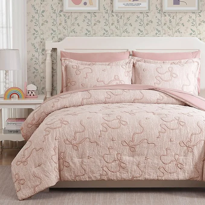 Consistent Geniospin Pink Twin Comforter Set for Girls- 5 Pieces Bowknot Jacquard Bed in A Bag Twin Bedding Sets with Sheets Pillowcases amp Shams All Season Kids Comforter Set Fine