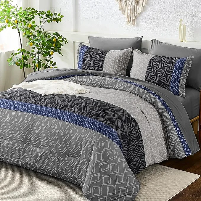 Stylish Dinjoy Boho Queen Comforter Set Blue Gray 7 Piece Bed in a Bag Queen Size Warm Striped Fall Bedding Sets with Plaid Comforters with Sheets for Family All Season Easy-to-Use