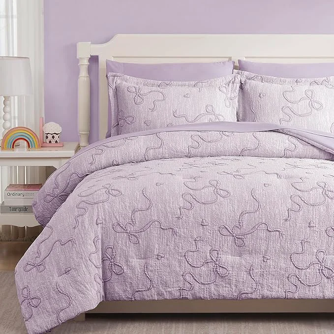 Stylish Geniospin Light Purple Twin Comforter Set for Girls- 5 Pieces Bowknot Jacquard Bed in A Bag Twin Bedding Sets with Sheets Pillowcases amp Shams All Season Kids Comforter Set Selected