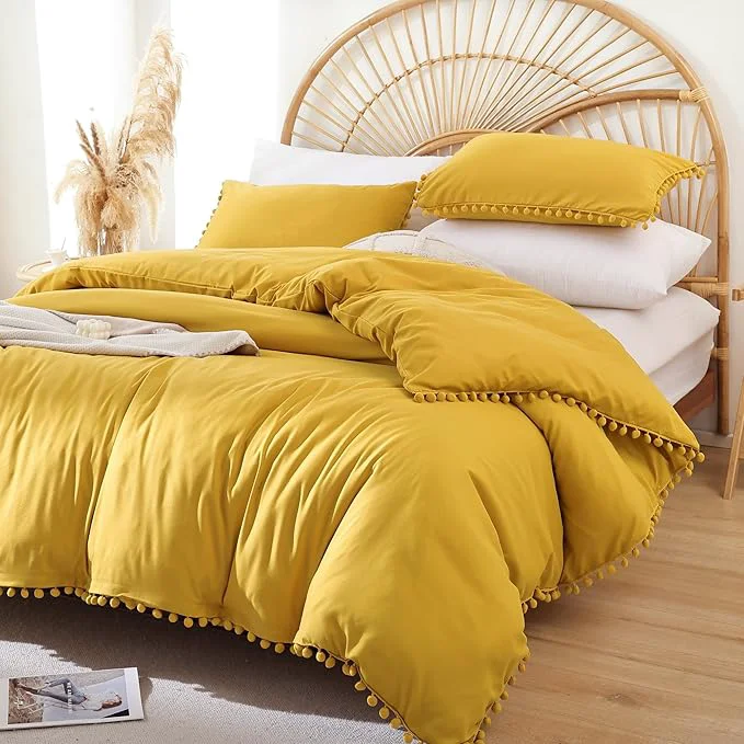 Authentic YIRDDEO Twin Comforter Set – Comforter Twin Size Bed with Ball Pom Fringe Soft Bedding Set for All Seasons – 2 Pieces 1 Comforter 66 quot x90 quot amp 1 Pillow Sham 20 quot x26 quot Mustard Yellow Top-Quality