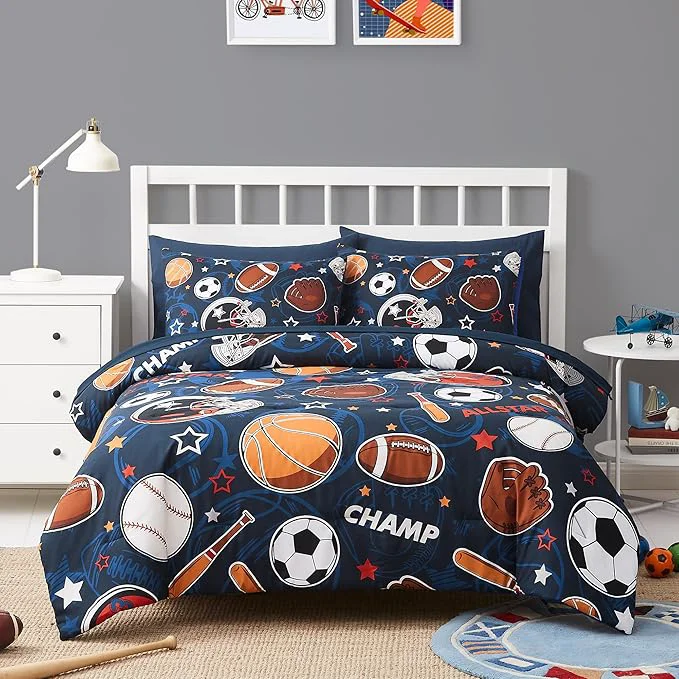 Eco-Friendly Full Kids Comforter Set – 7 Pieces Full Bedding Sets for Boys Teen Glow in The Dark Sports Ball Games Bed in A Bag with Sheets Fashionable