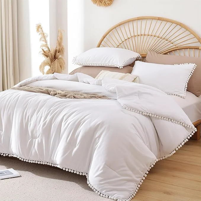 Crafted YIRDDEO Queen Comforter Set – Comforter Queen Size Sets with Ball Pom Fringe Soft Bedding Set for All Seasons – 3 Pieces 1 Comforter 90 quot x90 quot amp 2 Pillow Shams 20 quot x26 quot White Dependable