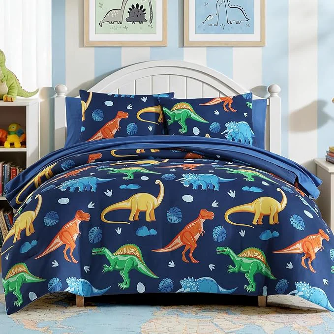 Environmentally Friendly Full Comforter Set for Boys Kids – 7 Pieces Navy Dinasour Full Size Bedding Sets for Kids Soft Cozy Bed in A Bag with Sheets Trusted