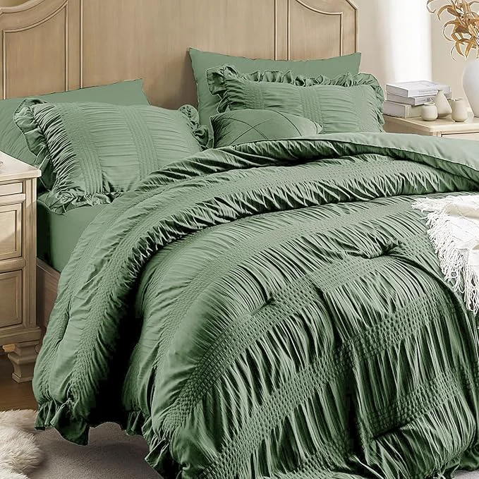 Detailed Queen Comforter Set Seersucker 7 Pieces Luxury Ruffle Bed in a Bag Queen Size for All Season Green Bedding Set with Comforter Pillowcases Flat Sheet Fitted Sheet and Pillow Shams Practical