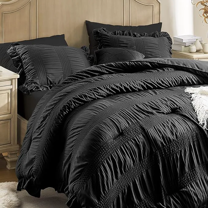 Environmentally Friendly QUIETSEA Twin Comforter Set Seersucker 5 Pieces Luxury Ruffle Bed in a Bag Twin Size for All Season Black Bedding Set with Comforter Pillowcase Flat Sheet Fitted Sheet and Pillow Sham Versatile