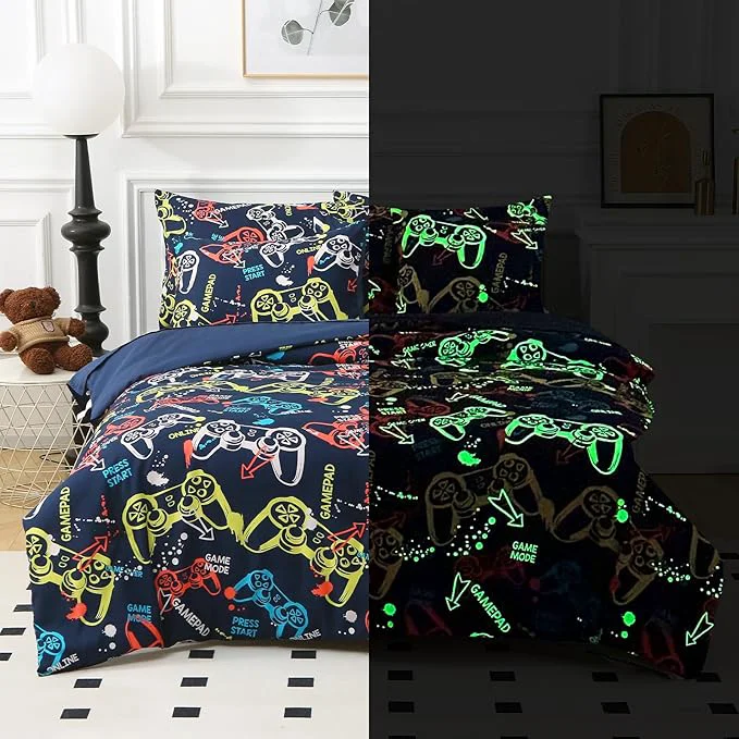 Quality Glow in The Dark Kids Comforter Set 5 Pieces Gamepad Bedding Set Twin Size for Boys Girls Teen 1 Comforter 1 Pillowcase 2 Pillow Shams Convenient