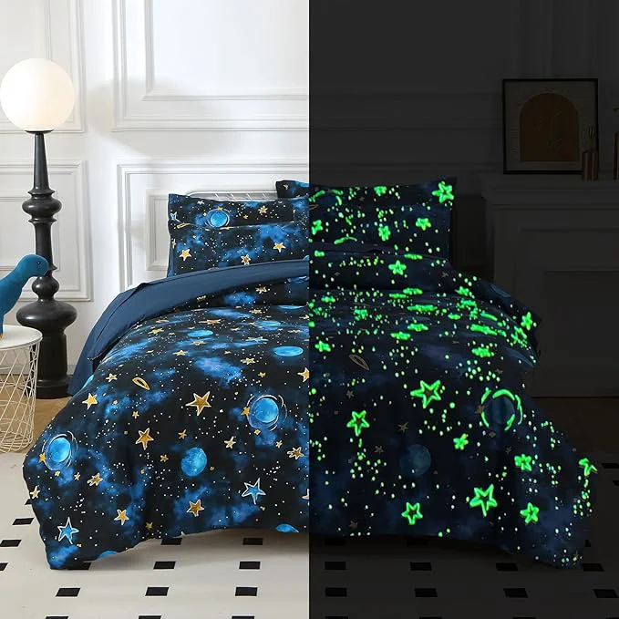 Enhanced Glow in The Dark Kids Comforter Set 7 Pieces Blue Space Bedding Set Full Size for Boys Girls Teen 1 Comforter 2 Pillowcases 2 Pillow Shams 1 Flat Sheet 1 Fitted Sheet Practical