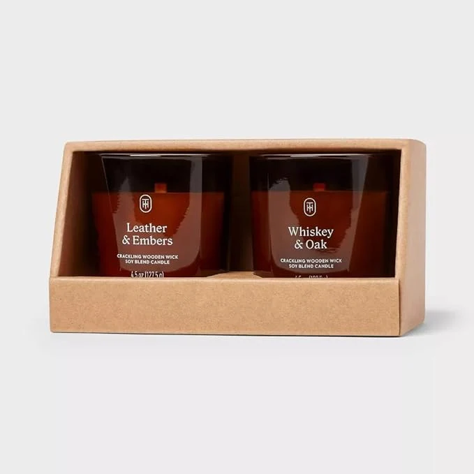 Elite Threshold Leather Embers and Whiskey Oak Scented Amber Glass Jar Candles Minimalist