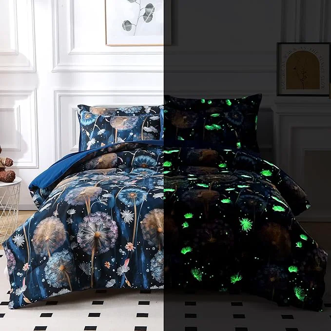 Recyclable Glow in The Dark Kids Comforter Set 7 Pieces Blue Dandelion Bedding Set Full Size for Boys Girls Teen 1 Comforter 2 Pillowcases 2 Pillow Shams 1 Flat Sheet 1 Fitted Sheet Solid
