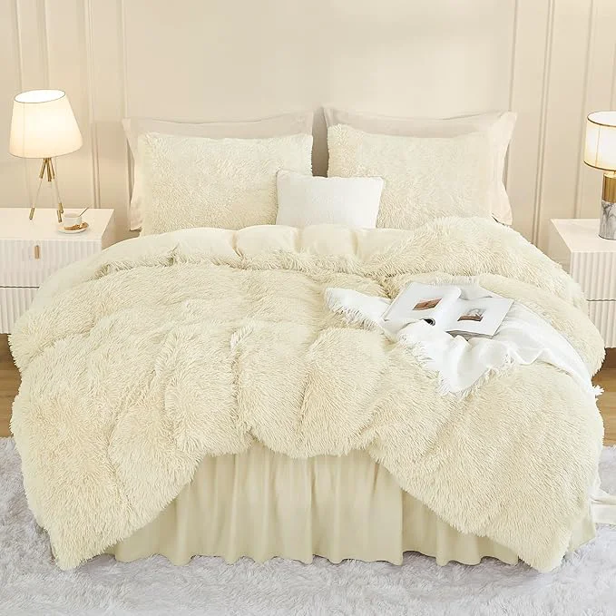 Stylish Andency Faux Fur Beige Comforter Set Queen Size 3 Pieces Fluffy Fuzzy Plush Bedding Comforter Set 1 Shaggy Velvet Comforter amp 2 Pillowcases Soft Puffy Comfy Down Comforter Bedding Set Practical
