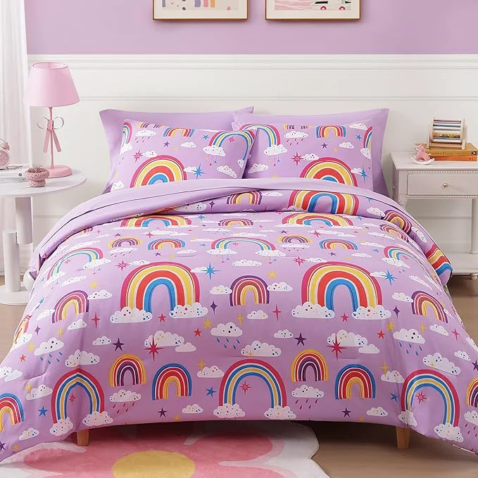 Minimalist Full Kids Comforter Set – 7 Pieces Full Bedding Sets for Girls Teen Glow in The Dark Purple Rainbow Bed in A Bag with Sheets Comfortable