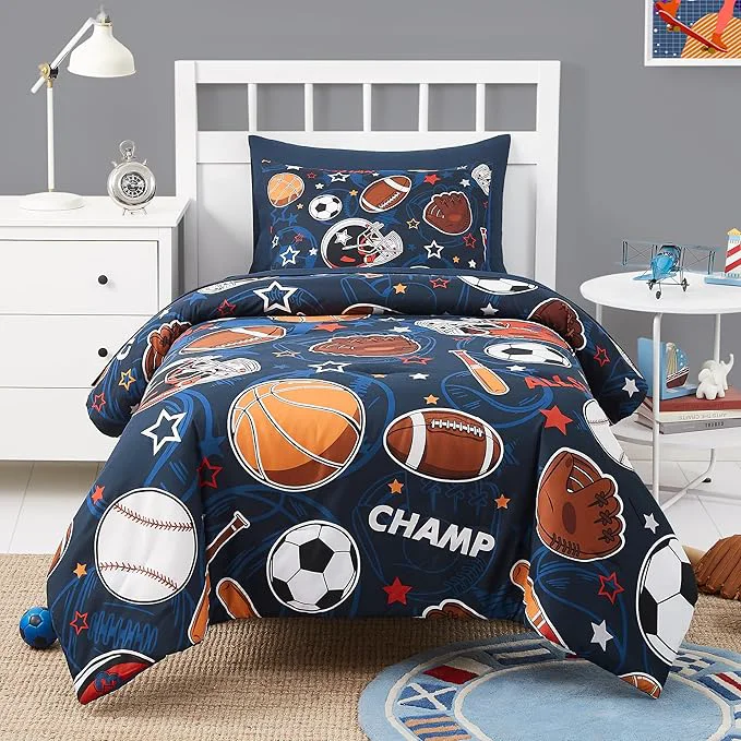 Optimized Twin Kids Comforter Set – 5 Pieces Twin Bedding Sets for Boys Teen Glow in The Dark Sports Ball Games Bed in A Bag with Sheets Reusable