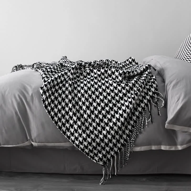 Refined Ownkoti Classic Houndstooth Tassel Throw Blanket Effective
