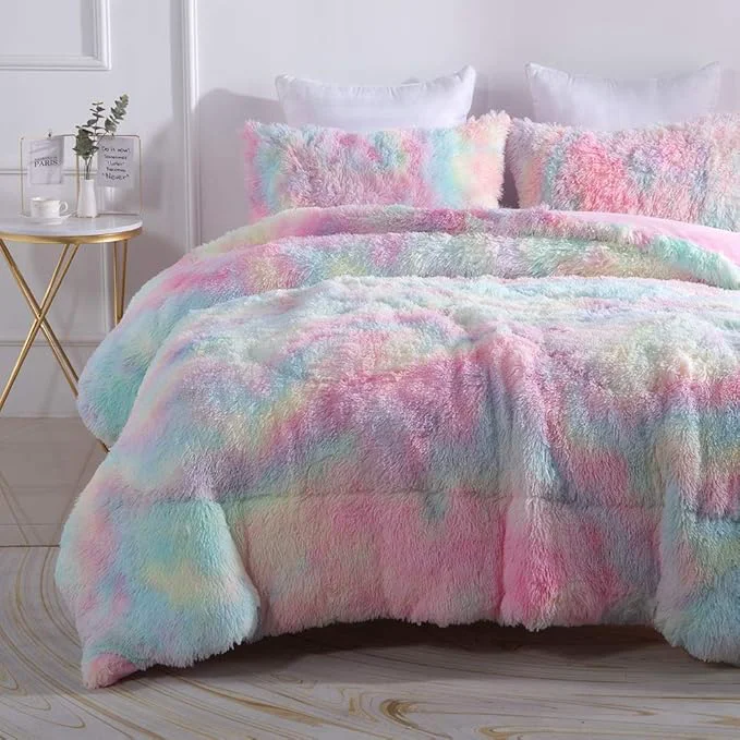 Effective Wajade Faux Fur Plush Rainbow Comforter Set Fluffy Fuzzy Shaggy Bedding Set – 3PC Full Size Microfiber Soft Warm Quilt Set Fashionable