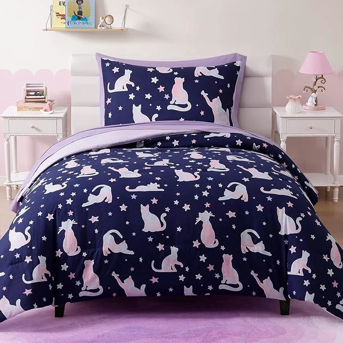Solid Twin Comforter Set for Girls Kids – 5 Pieces Cute Cat Patterns Twin Bedding Sets for Girls Boys Teen Soft Cozy Bed in A Bag with Sheets Powerful