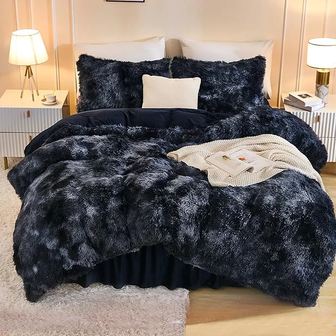 Original Andency Faux Fur Tie-Dyed Black Blue Comforter Set Full Size 3 Pieces Fluffy Fuzzy Plush Bedding Comforter Set 1 Shaggy Velvet Comforter amp 2 Pillowcases Soft Puffy Down Comforter Bedding Set Elegant