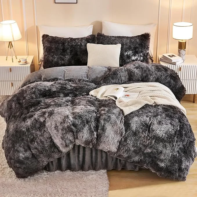 Expertly Made Andency Faux Fur Tie-Dyed Dark Grey Comforter King Size 3 Pieces Fluffy Fuzzy Plush Bedding Comforter Set 1 Shaggy Velvet Comforter amp 2 Pillowcases Soft Puffy Comfy Down Comforter Bedding Set Lightweight