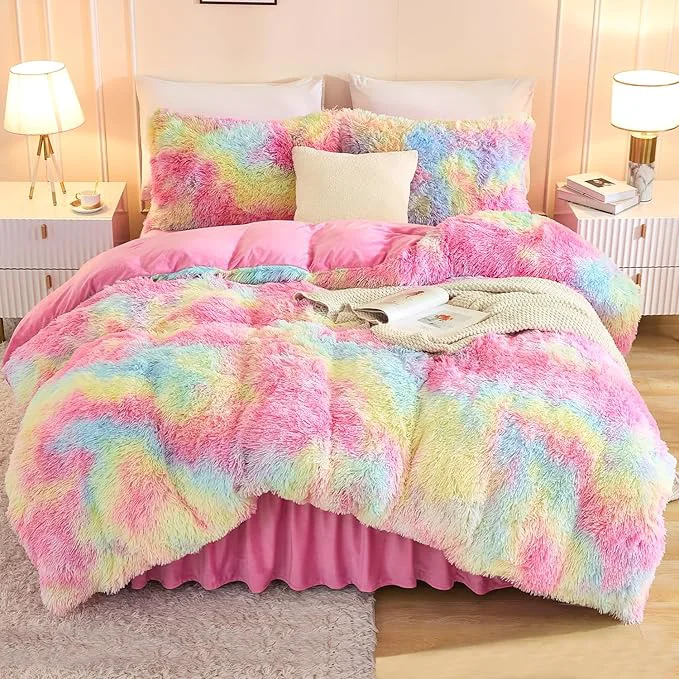 First-Class Andency Faux Fur Tie-Dyed Rainbow Comforter Set Full Size 3 Pieces Fluffy Fuzzy Plush Bedding Comforter Set 1 Shaggy Velvet Comforter amp 2 Pillowcases Soft Puffy Down Comforter Bedding Set Elite