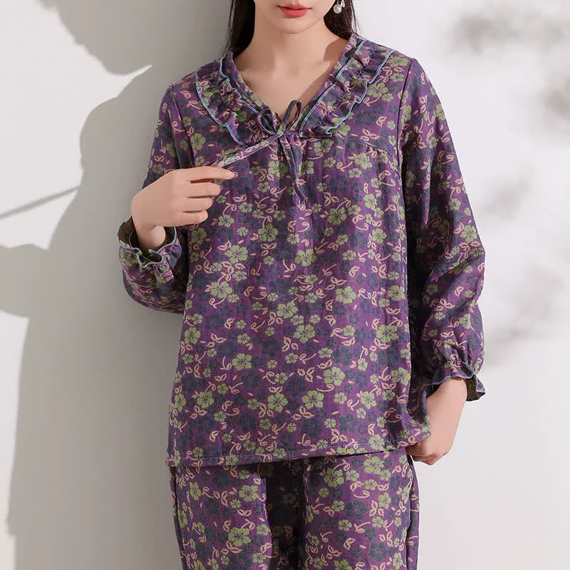 Fast Ownkoti Peach Blossom Jacquard Ruffled Cotton Loungewear Fine Crafted