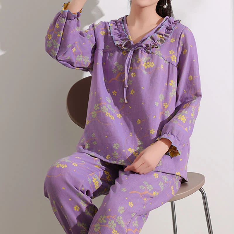 Exceptional Ownkoti Floral Jacquard Ruffled Cotton Loungewear Set Efficient