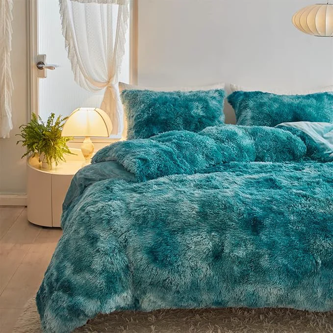 Enhanced Wajade Faux Fur Plush White Comforter Set Fluffy Fuzzy Shaggy Bedding Set – 3PC Full Queen Microfiber Soft Warm Quilt Set Tie Dye Teal King Genuine