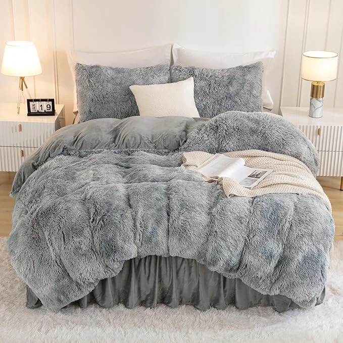 Fine Andency Tie-Dyed Grey White Comforter King Size 3 Pieces Faux Fur Fluffy Fuzzy Plush Bedding Comforter Set Soft Puffy Comfy Down Comforter Bed Set Recyclable