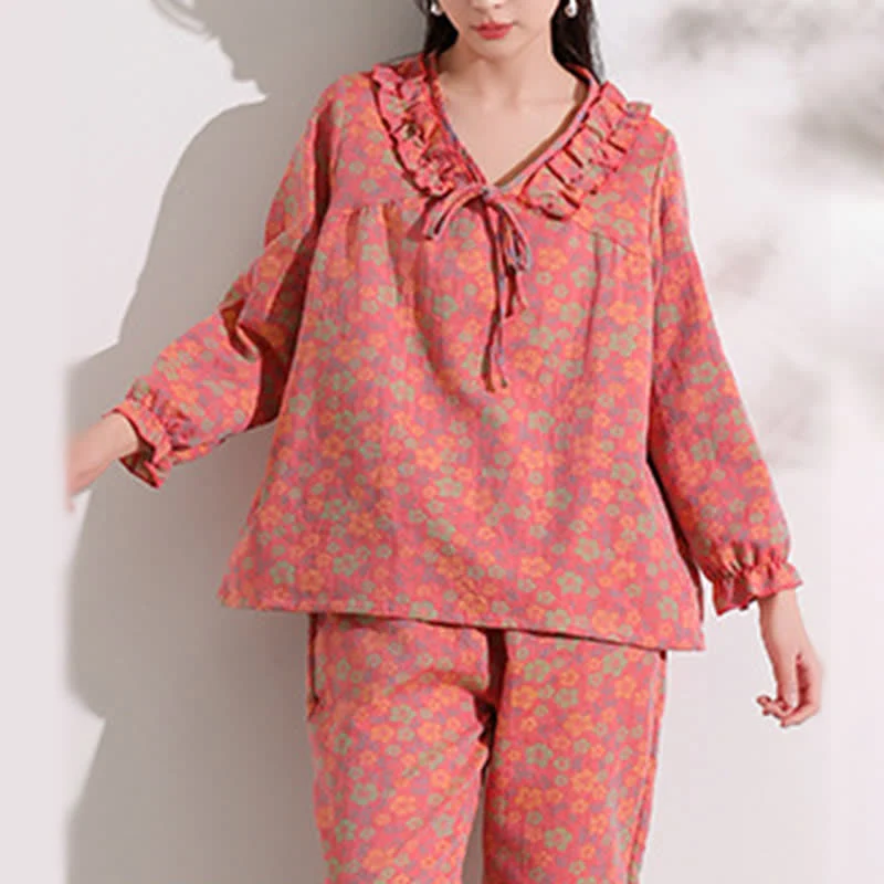 Healthy Ownkoti Pink Floral Jacquard Ruffled Cotton Loungewear Efficient
