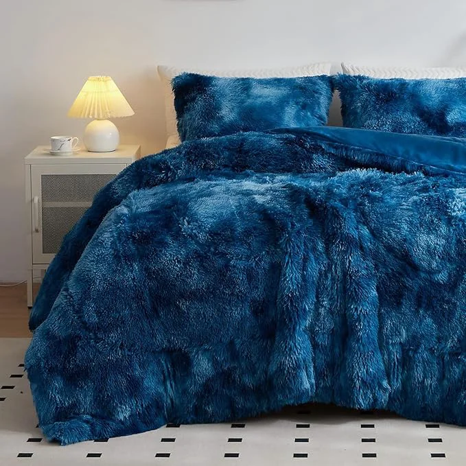 Environmentally Friendly Wajade Faux Fur Plush White Comforter Set Fluffy Fuzzy Shaggy Bedding Set – 3PC Full Queen Microfiber Soft Warm Quilt Set Tie Dye Blue White King Sustainable