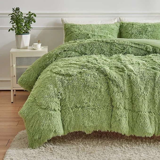 Contemporary Wajade Faux Fur Plush White Comforter Set Fluffy Fuzzy Shaggy Bedding Set – 3PC Full Queen Microfiber Soft Warm Quilt Set Sage Green Queen Lightweight