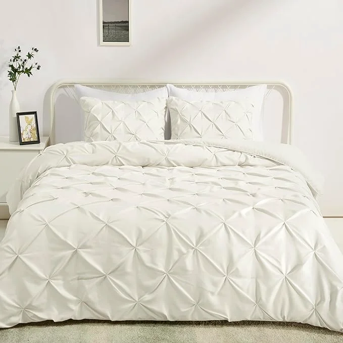 Comfortable Amazon Basics Warm Breathable Down- Comforter Set 3-Piece Bedding with Pinch Pleat Design and Piped Edges Soft Full Queen Size Cream Easy-to-Use