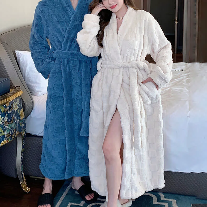 Verified Ownkoti Solid Color Grid Textured Plush Bathrobe Dependable