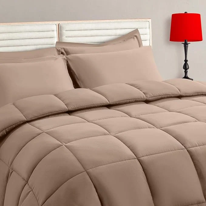 Original Design TAIMIT Beige Queen Size Comforter Set – 7 Pieces Bed in a Bag Bedding Sets with All Season Soft Quilted Warm Fluffy Reversible Comforter Flat Sheet Fitted Sheet 2 Pillow Shams 2 Pillowcases Responsible