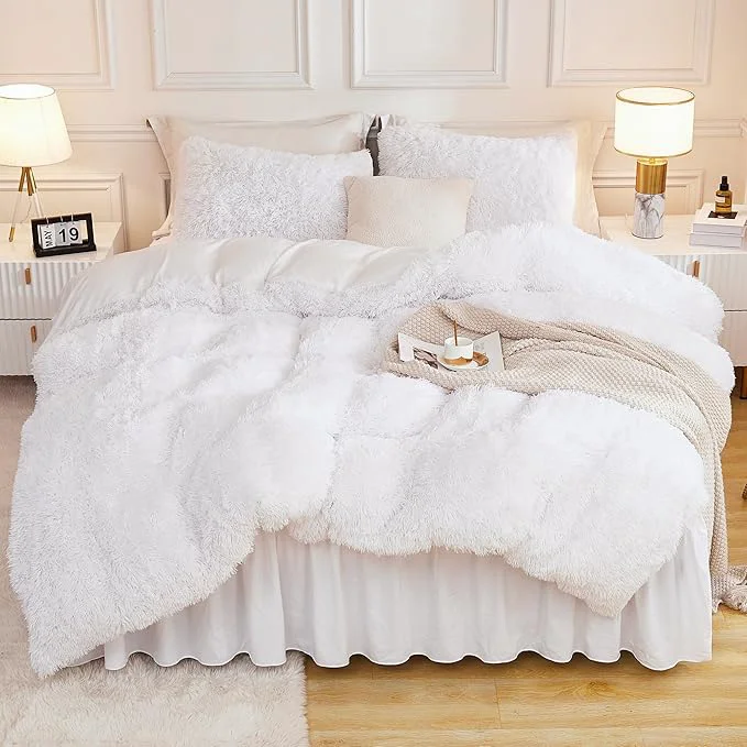 Traditional Andency White Comforter Full Size Set 3 Pieces Fluffy Faux Fur Warm Soft Fuzzy Plush Bedding Comforter Set Thick Heavy Puffy Comfy Bedding Sets Trendy