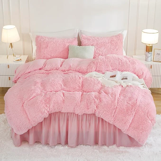 Premium Andency Faux Fur Pink Comforter Set Queen Size 3 Pieces Fluffy Fuzzy Plush Bedding Comforter Set 1 Shaggy Velvet Comforter amp 2 Pillowcases Soft Puffy Comfy Down Comforter Bedding Set Consistent