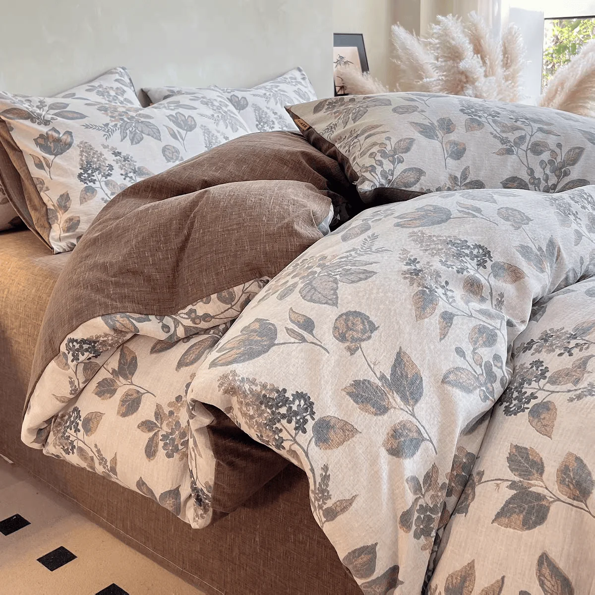 Advanced Ownkoti Vintage Leaf Print Bedding Set 4PCS High-End