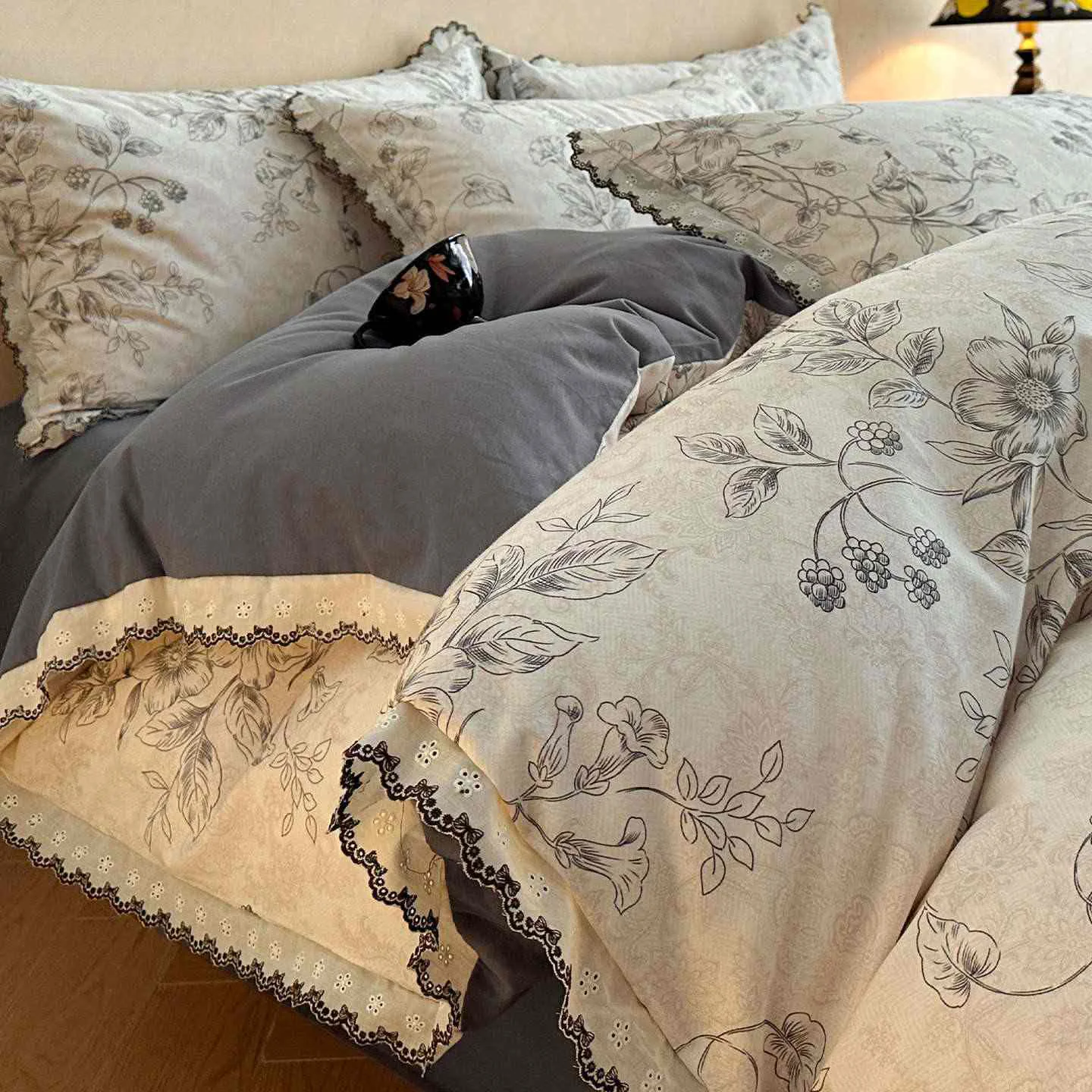 Recyclable Ownkoti Brushed Cotton Floral Lace Bedding Set Artisan