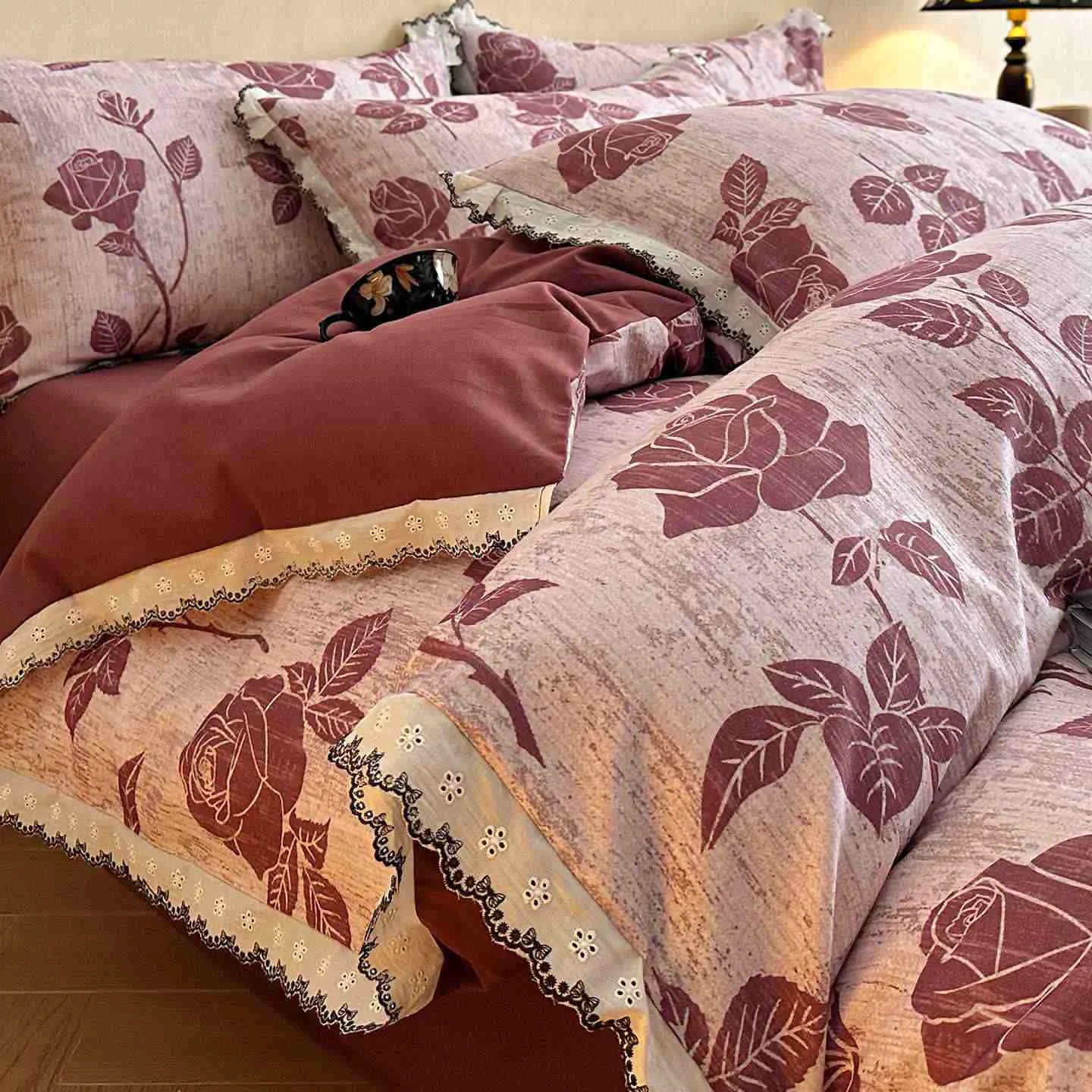 Superior Ownkoti Brushed Cotton Rose Lace Bedding Set Original Design