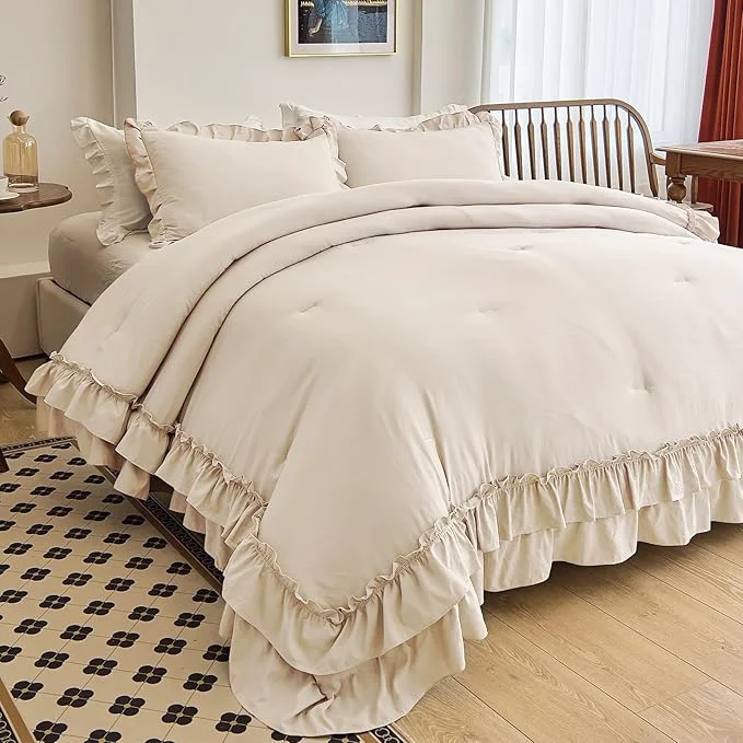 Classic AIKASY Camel Ruffle Comforter Set King 3 Pieces Vintage Ruffle Fringe Comforter Farmhouse Rustic Microfiber Down Bedding 1 Comforter 2 Pillow Shams Next-Generation