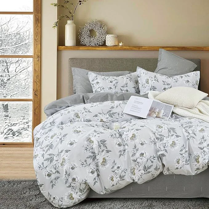 Soft Floral Cotton Comforter King Size – Light Grey Comforter Printed with Vintage Ivory Flowers amp Dark Yellow Stamens Reversible Lightweight Bedding Sets 3Pcs 104 quot ×90 quot Expertly Made